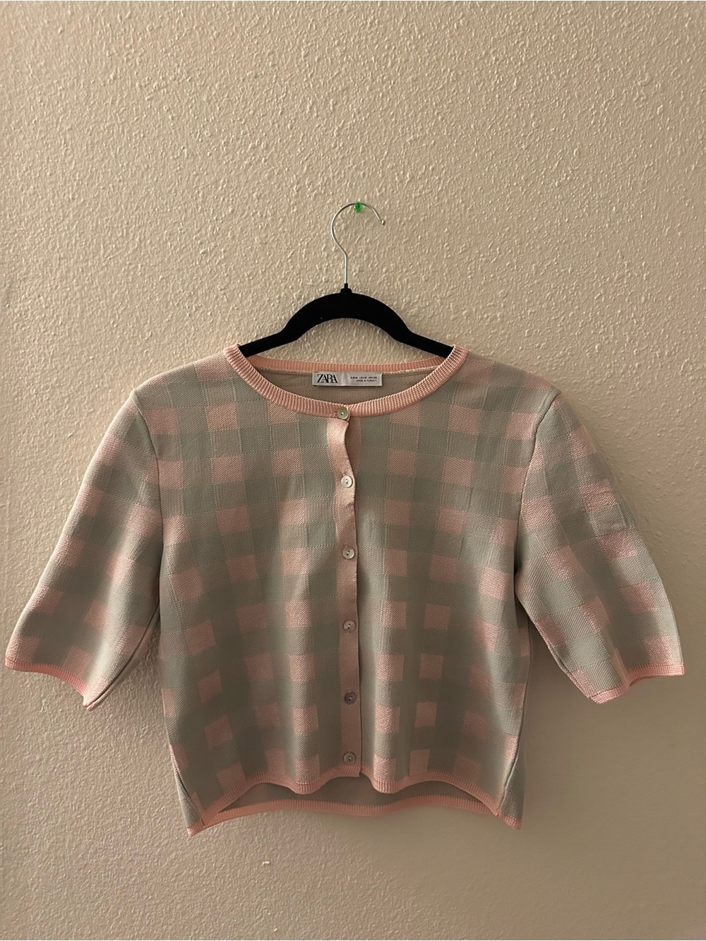 Pink & Mint Checkered Button Cardigan